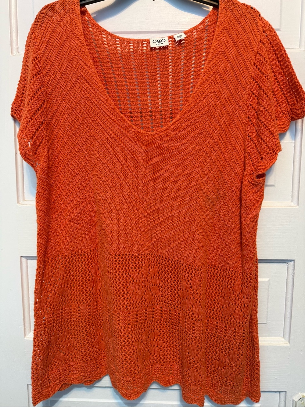 Woman 18/20W Burnt Orange Open Knit Crochet Sweater Top Short Sleeve Plus Size